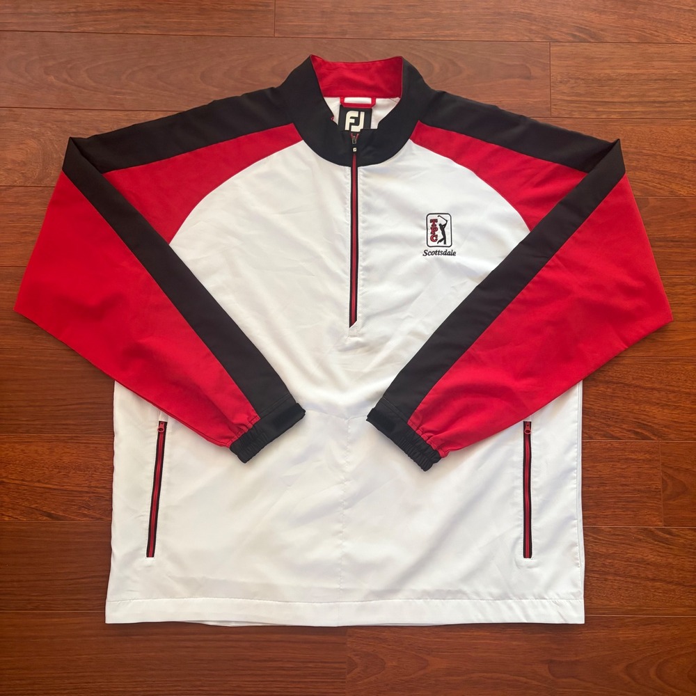 FootJoy Mens TPC Scottsdale Golf Windbreaker 2XL White Red Black 1/4 Zip Jacket